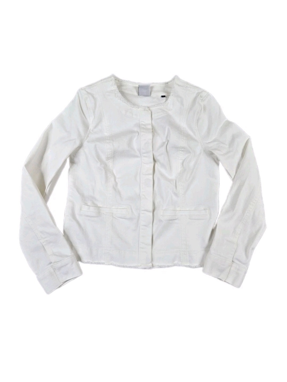 CABI Castaway Jean Jacket White Sz Small Collarless Raw Hems Pockets Clean Girl